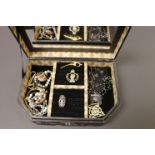 Jewellery box & contents to include costume jewellery, Military cap badge etc