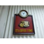 Wooden Relief Sign ' Its Coffee Time ' with clock