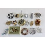 Collection of Seventeen Vintage Costume Jewellery Brooches including Marcasite