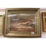 Gilt framed oil painting study of a rainbow trout on the bank of a highland loch