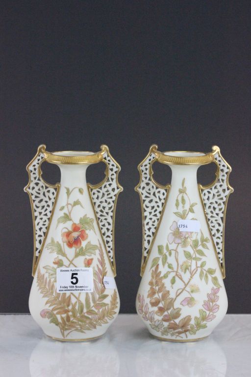 Pair of Worcester Grainger & Co reticulated vases with floral design & numbered 1/1667 to base