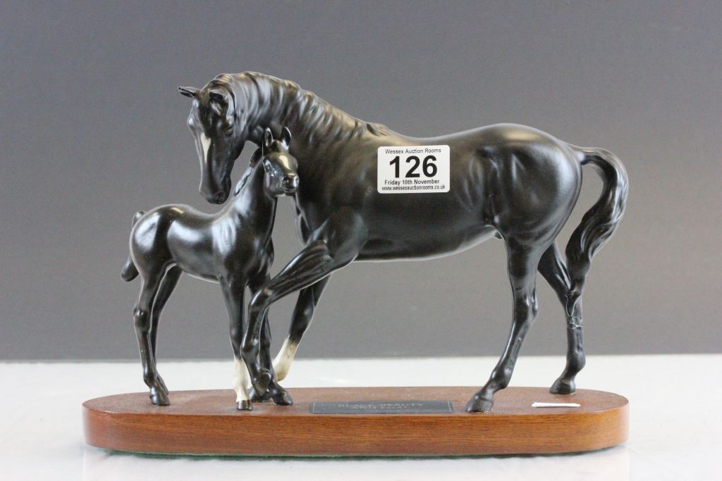 Beswick Black Beauty & Foal ceramic model with wooden base