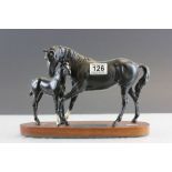 Beswick Black Beauty & Foal ceramic model with wooden base