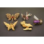 Five Costume Jewellery Brooches including Two Butterflies, Owl, Bee and Bambi
