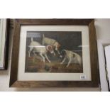 A dark wood framed oil painting study of three terriers by a burrow