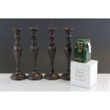 Four Bronze Effect Metal Candlesticks plus a Boxed Harrods Storage Jar with Afternoon Tea