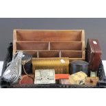 Collection of Boxes including Russian Lacquered Box plus Stationery Rack and a Pewter Shot Flask