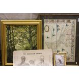 Two gilt framed Oil paintings, a Framed & glazed World map and an unframed map of the human Muscular