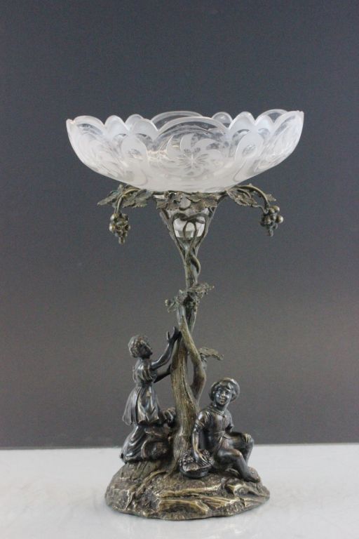 A cut glass bowl on a cast metal stand depicting two figures grape picking - Image 2 of 3