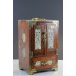 Wood & brass Asian jewellery box with carved Hardstone panels
