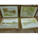 Three Somerset Scene Watercolours - Quantoxhead, Selworthy Manor, Gallox Bridge Dunster, all