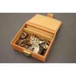 Brown leather jewellery box with mixed vintage costume jewellery to include Silver