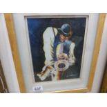 Studio framed oil painting portrait of a Jazz saxophonist signed M Harold