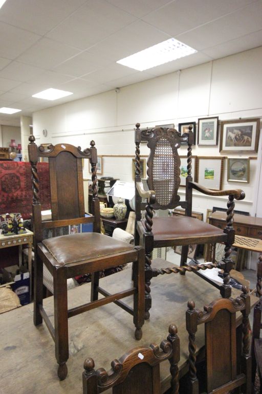 Set of Six Early 20th century Oak Dining Chairs with barley-twist supports together with Two Matched - Image 3 of 4