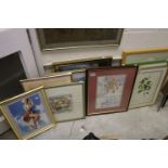 Selection of assorted watercolours and prints to include floral studies and a tin picture of a