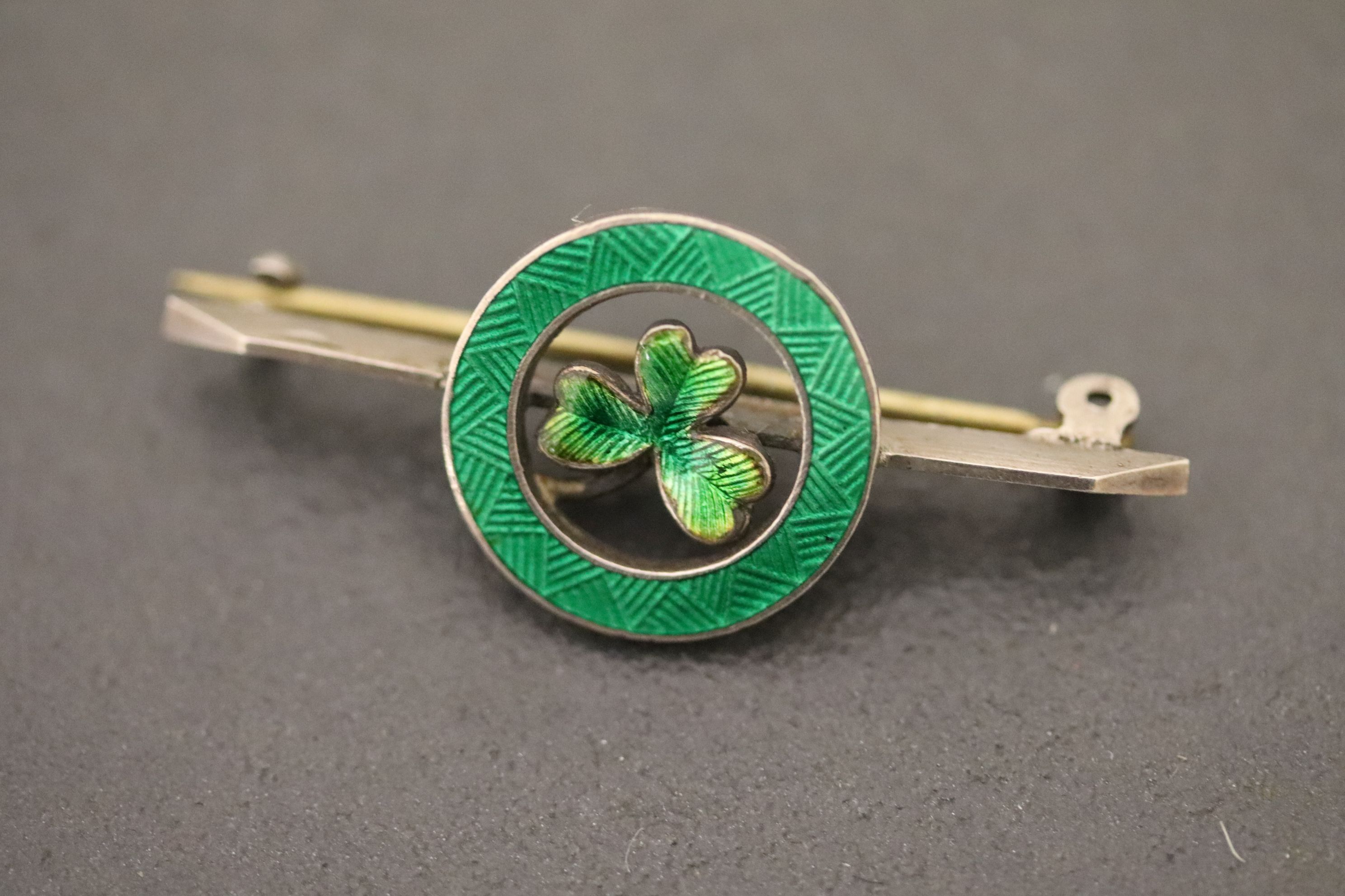 Charles Horner Silver Hallmarked and Green Enamel Shamrock Bar Brooch, Chester 1903