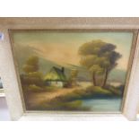 Oil on Canvas of Cottage by the Lake signed Dom
