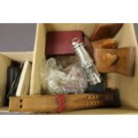 Box of mixed collectables to include wooden book ends, miniature glass animals, Fountain pens etc