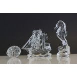 Three Waterford Crystal sculptures to include a Galleon, a Seahorse & an Egg
