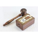 Inlaid folding wooden Cribbage board and a vintage wooden Gavel