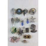 Collection of Fourteen Brooches including Marcasite and Silver plus Agate Pendant and a Pair