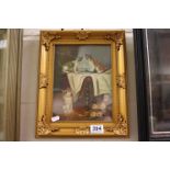 Gilt framed oil on panel of playful kittens in a Victorian drawing room
