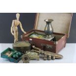 Small suitcase of mixed items to include; Dartington glass goblets, small clock, metalware, wooden