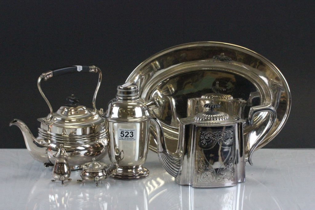 A vintage cocktail shaker ,a Elkington and Co tray and other silverplate.