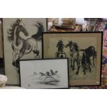 Three framed oriental horse prints.
