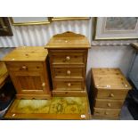 Two Modern Pine Bedside Chests of Three Drawers together with another Pine Bedside Cabinet