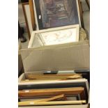 Large selection of pictures and frames to include a mirror of an Art Deco style lady