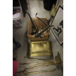 Box of Fire Tools, Fire Dogs etc