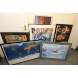 Modern school - set of six framed posters to include a view of New York, a Kandinsky poster etc