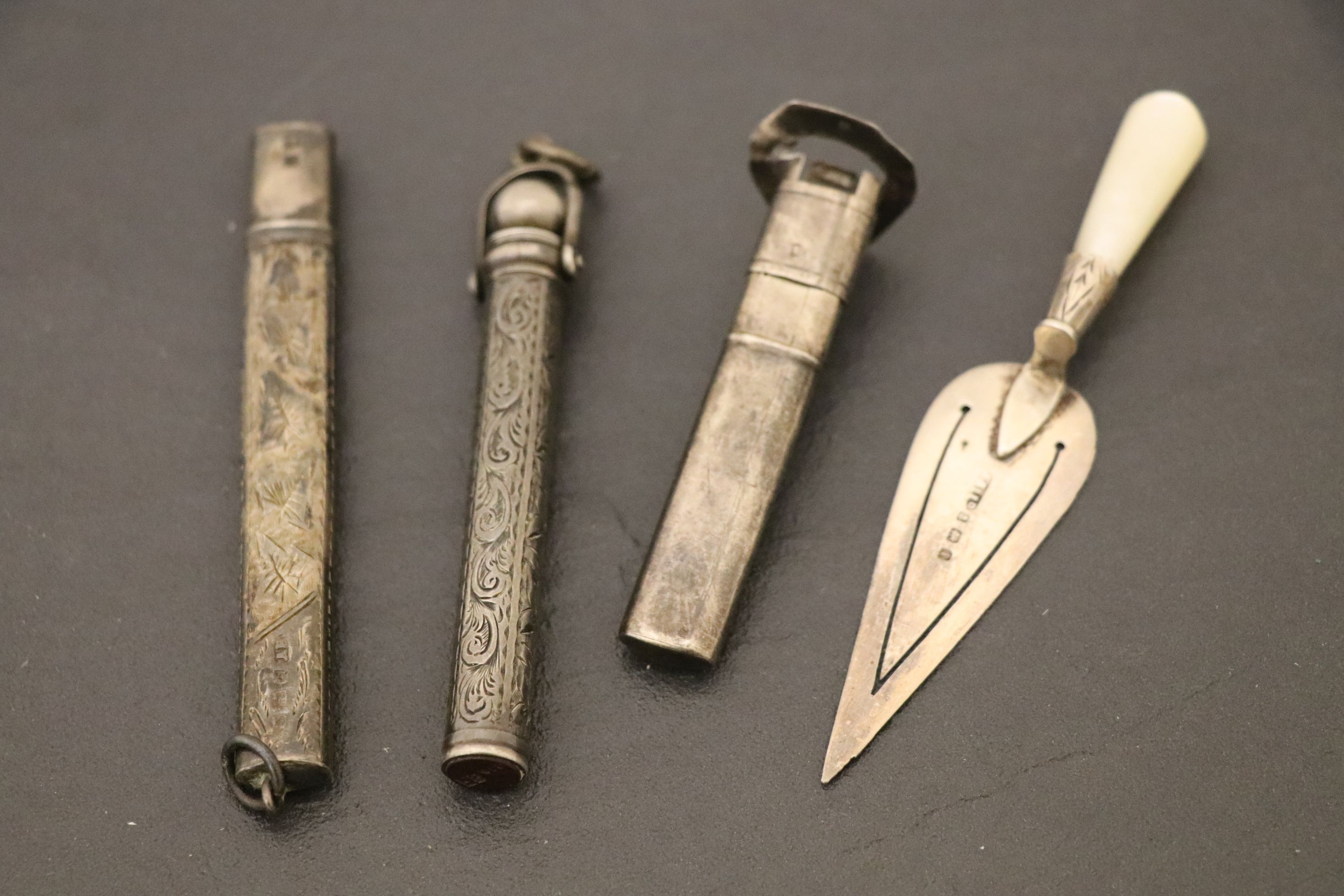 Three Hallmarked Silver Pencils and a Silver & Mother of Pearl page marker