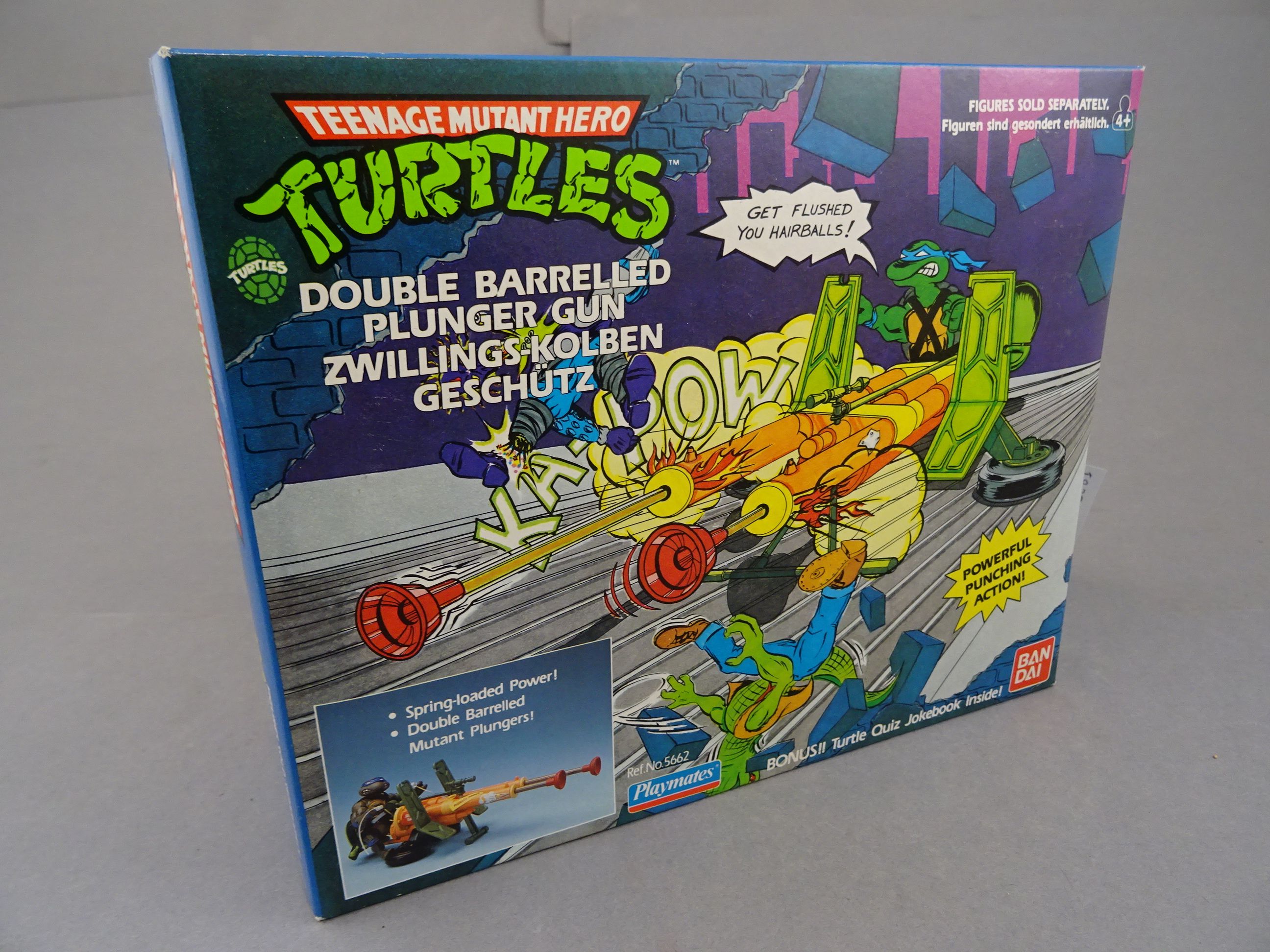 Original boxed Playmates Bandia Teenage Mutant Ninja Turtles Double Barrelled Plunger Gun, opened