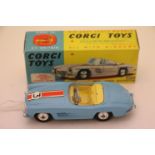 Boxed Corgi Mercedes Benz 300SL Open Roadster in pale blue with red stripe and race number 3,