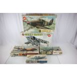 Collection of 5 boxed plastic Airfix model kits, 4 aeroplanes and 1 ship, to include hawker harrier,