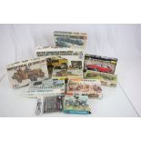Collection of 10 boxed plastic model Jeep, car and building kits of various makes, to include RAF