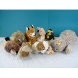 A collection of ten modern Steiff animals including Snuffy The Rabbit, Chip Monk, Hedgehog, Penguin,