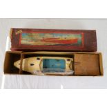 Boxed Hornby Racing Boat No 3 Racer III clockwork with instructions, in light blue and cream, box