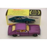 Boxed Dinky 165 Ford Capri with Speedwheels in metallic purple, diecast excellent, box vg