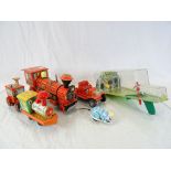 Japanese Tin Plate - Three Trains plus a Clockwork Mouse and Car together with a Marx Penalty Shot