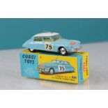 Boxed Corgi 323 Citroen DS 19 in Monte Carlo Trim in pale blue with white roof, race number 75,