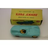 Boxed Dinky 238 Jaguar Type D Racing Car in turquoise with yellow hubs, complete with yellow