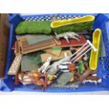 Box with a vintage Farmyard, animals and figures etc to include Britains