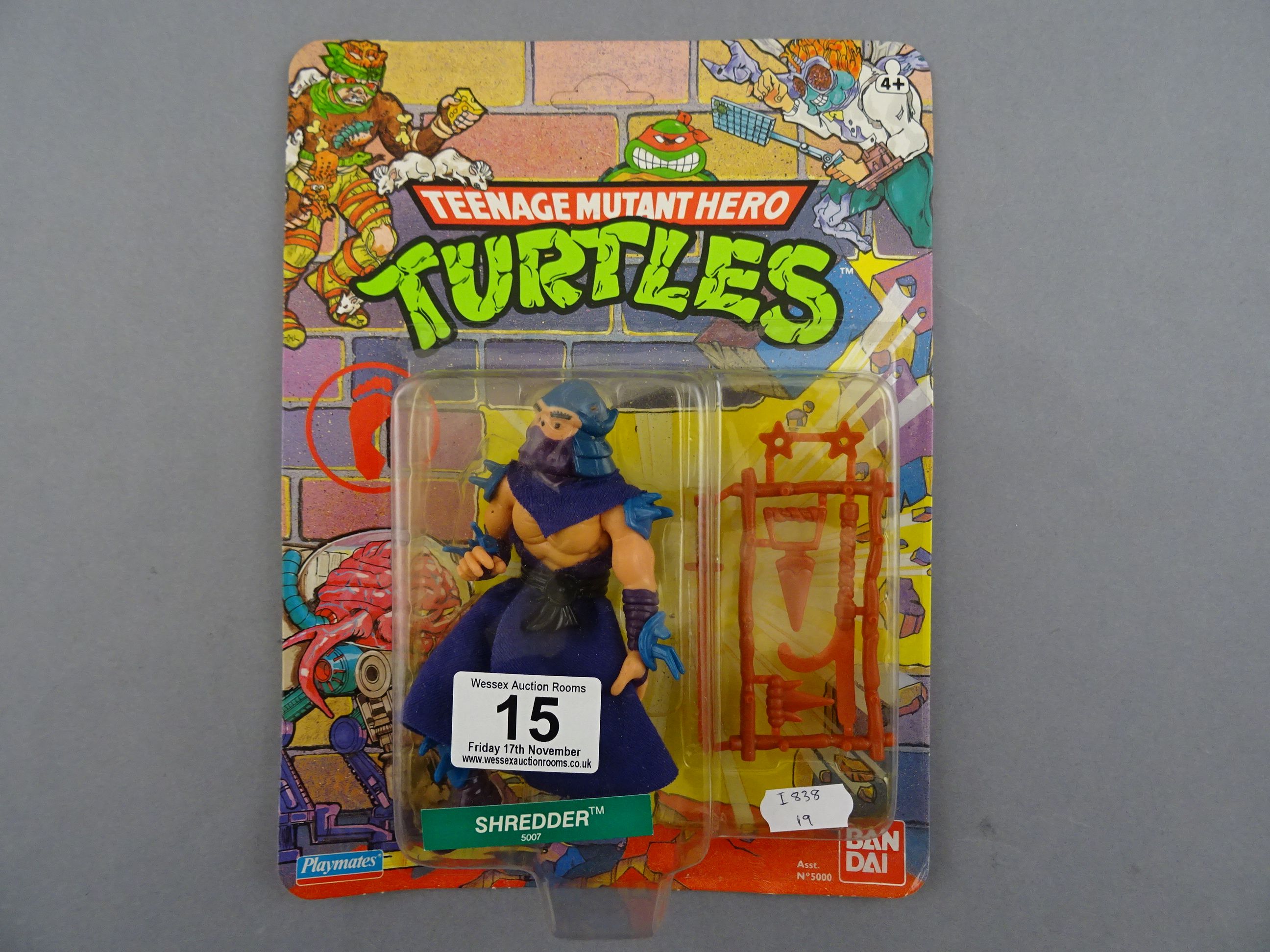 Original carded Playmates Bandai Teenage Mutant Hero Turtles Shredder figure 20 back, unpunched,