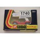 Boxed Corgi 381 Beach Buggy in red with surfboards, vg with gd box that has crack to window
