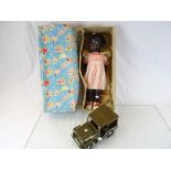 Boxed black Pedigree walking doll with instructions plus a Tonka GR2-2431 military jeep