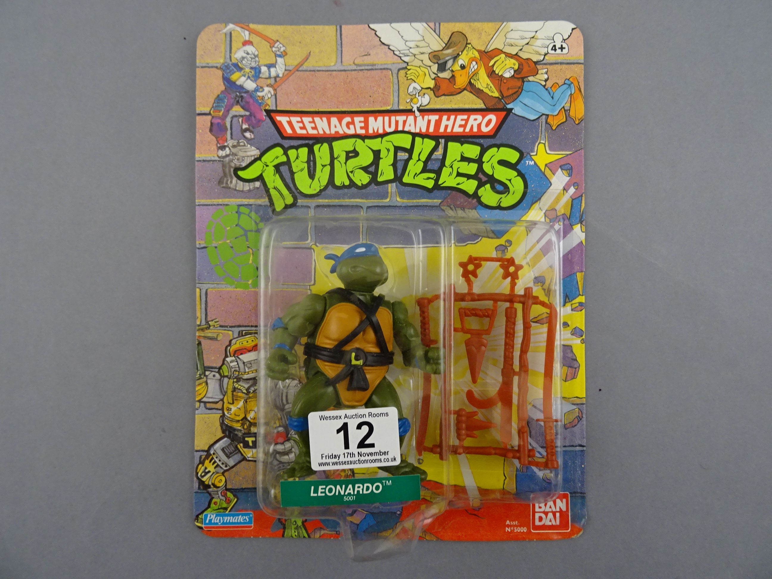 Original carded Playmates Bandai Teenage Mutant Hero Turtles Leonardo figure 20 back, unpunched,