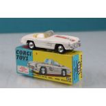 Boxed Corgi 303S Mercedes Benz 300SL Open Roadster in white, red stripe to bonnet with race number